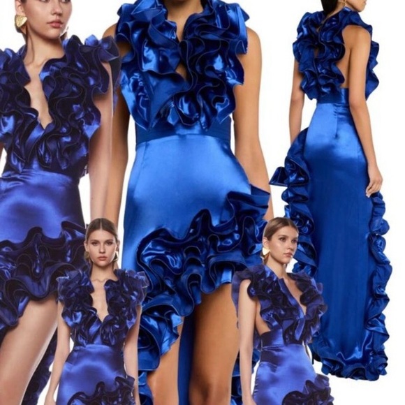 Bronx and Banco Aurora Elegant Blue Ruffled Evening Dress
